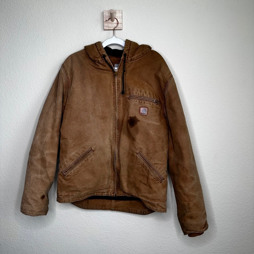 Carhartt J141 Sierra Jacket Mens Medium Brown Sherpa Lined Distressed Canvas MX